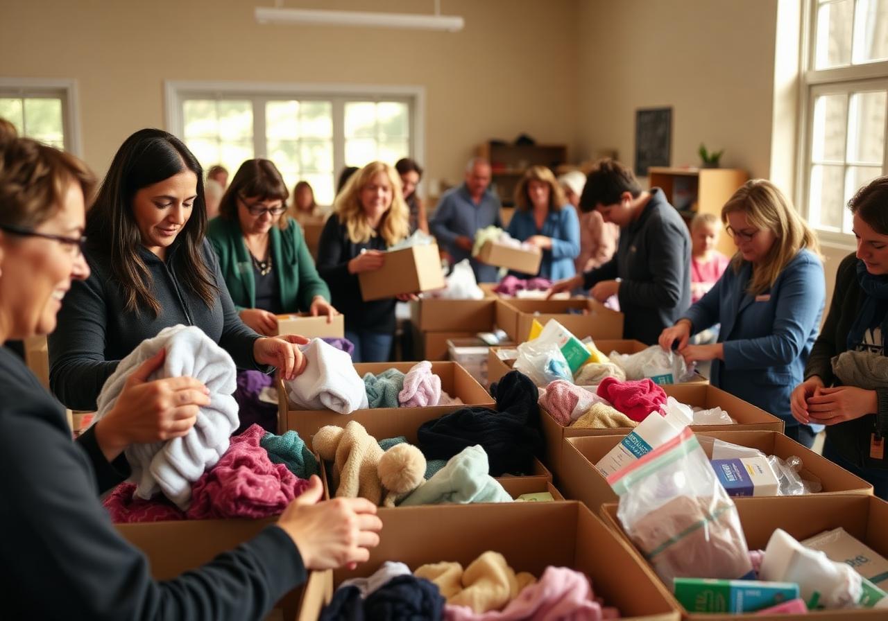 Volunteers packing donation boxes