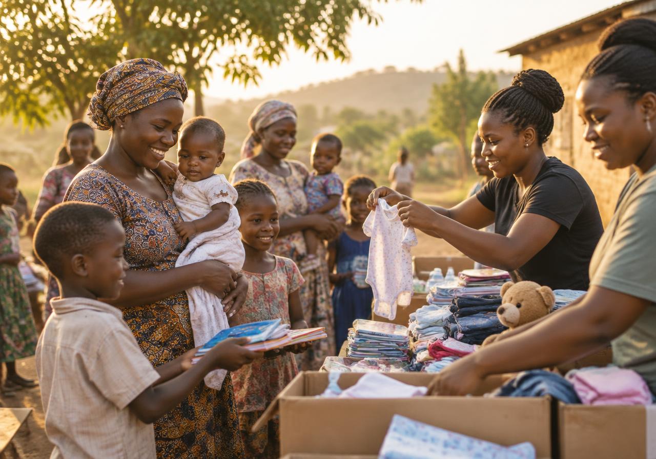 Community members organizing donated supplies for mothers and children in Guinea